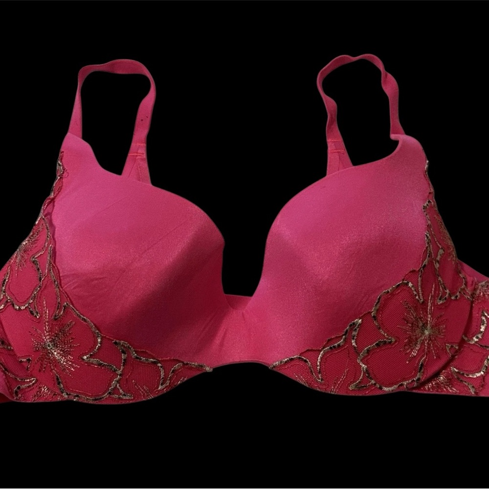 Victoria’s Secret 36C Lined Demi Buste Bra Hot Pink Gold Embroidery 36C EUC